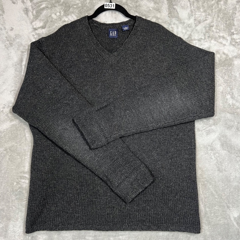Vintage Gap Sweater Mens Large Gray Lambswool V Neck Fisherman 90s Grandpa Dad